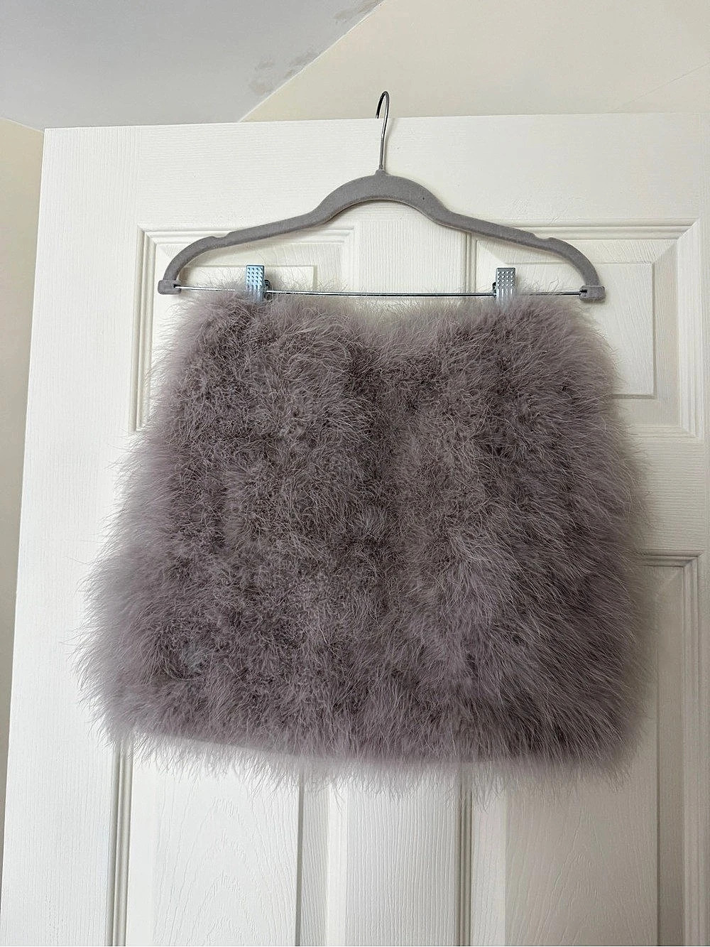 LAMARQUE Real Turkey Feather Mini Skirt – Lavender Gray XS
